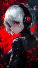 White haired cyber girl in headset over red abstract field.