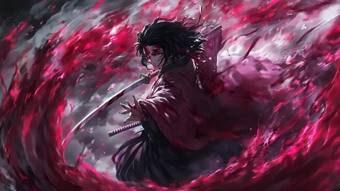 Katana-wielding anime warrior within turbulent crimson vortex.