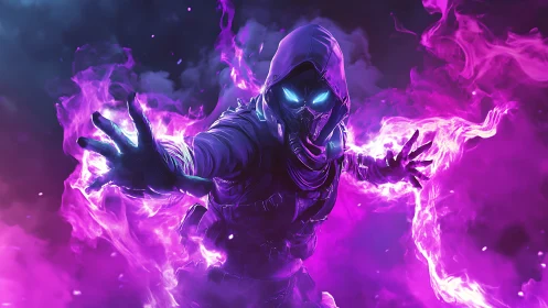 Neon wraith hurls violet chaos through a storm of smoke