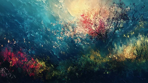 Abstract twilight grove glows with vivid teal and ember light.