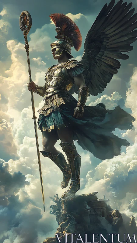 Winged warrior strides above clouds in shining divine armor