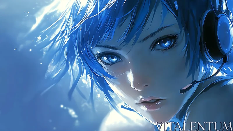 Blue cyber girl portrait with glowing headset gaze.