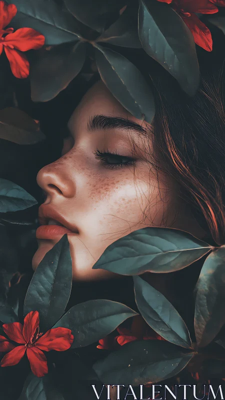 Side profile portrait framed by dark leaves and red flowers.