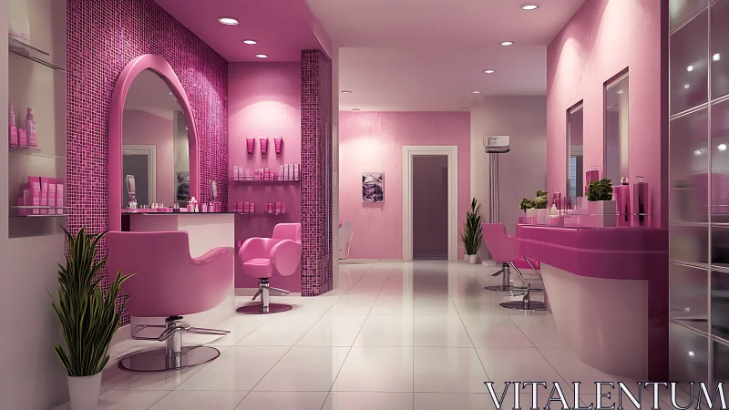 Vivid pink beauty salon interior with glossy modern finish.