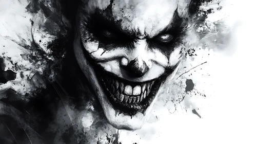 Ink-splattered nightmare clown grins through swirling smoke.