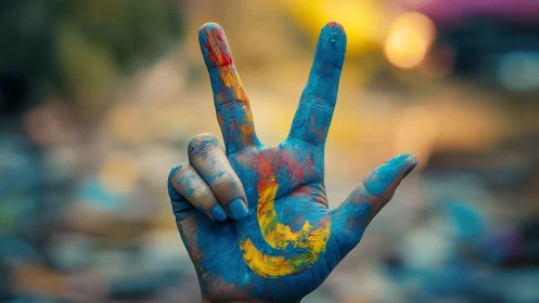 Hand with multicolored paint forming V sign outdoors.