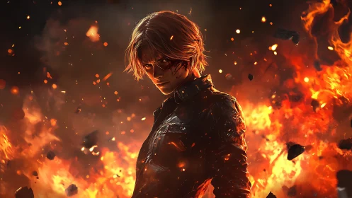 Battle-worn figure standing in intense surrounding flames.