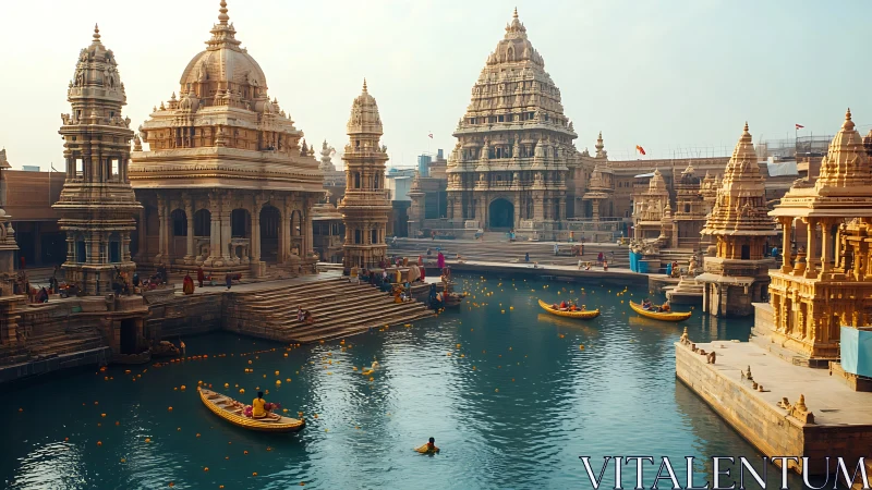 Golden riverside temples with boats beneath hazy daylight.