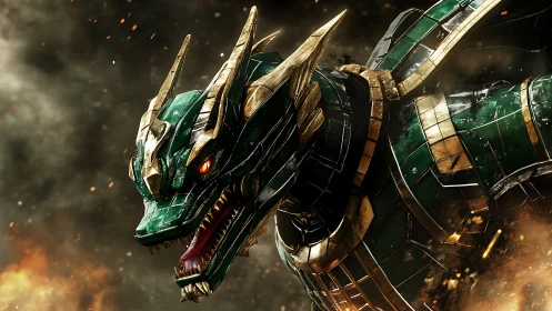 Armored mechanical dragon roars amid firestorm clouds.