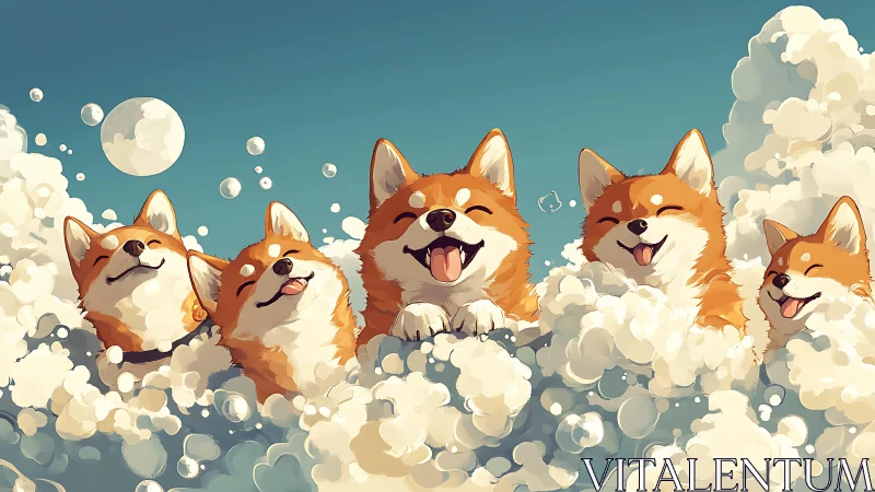Joyful corgi puppies laugh together in fluffy soap bubbles.