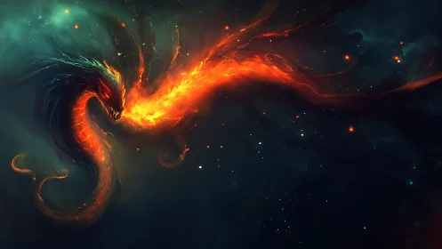 Cosmic fire serpent exhaling plasma stream in starfield void