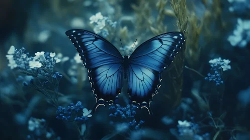 Blue butterfly on foliage in low light natural setting.