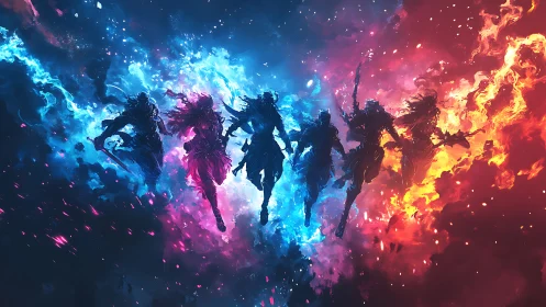 Elemental warrior silhouettes in chromatic cosmic nebula field