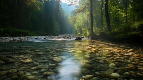 Sunlit forest river glows over smooth stones at golden dawn