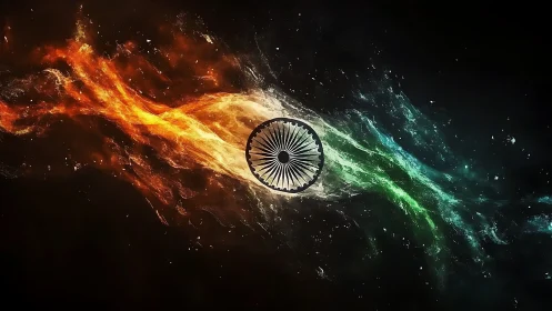 Circular spoked emblem divides orange and green nebular flows