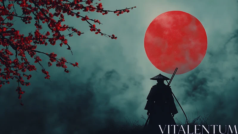Silhouetted samurai under oversized red moon with high contrast lighting