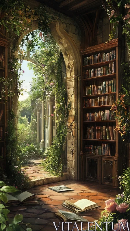 Sunlit stone library opens onto a secret blooming garden.