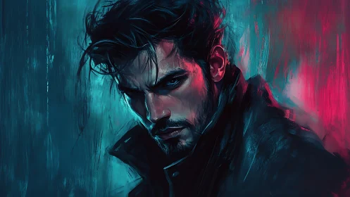 Brooding night wanderer in bold teal and magenta light.