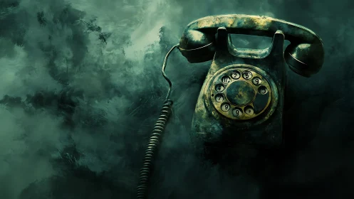Vintage rotary phone rests in eerie green fog.