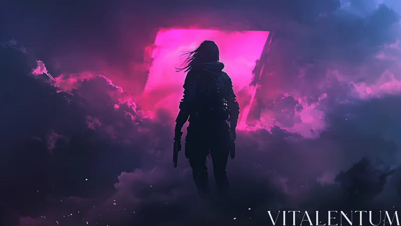 Neon portal drifter walks the storm-lit cyberclouds.