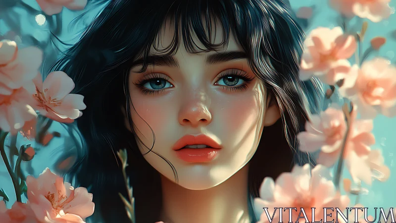 Hyper-detailed stylized portrait renders soft bokeh florals and glossy skin