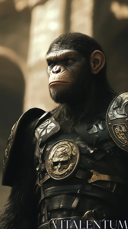 Photorealistic armored chimpanzee commander in warm rim light