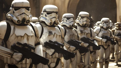 Armored sci-fi troopers in linear formation under warm lighting
