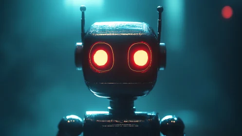 Retro toy robot under teal haze with glowing red eyes.