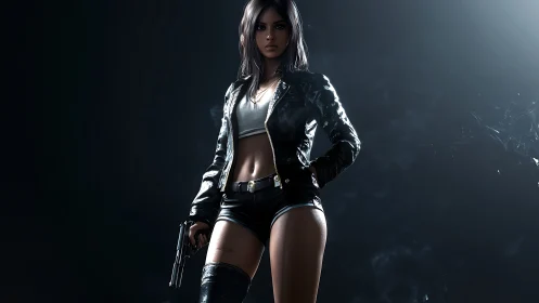 Armed woman in leather jacket under dramatic spotlight.