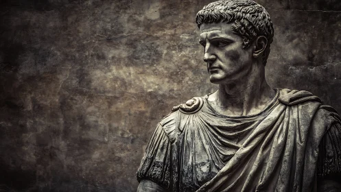 High contrast marble bust of Roman statesman against textured wall