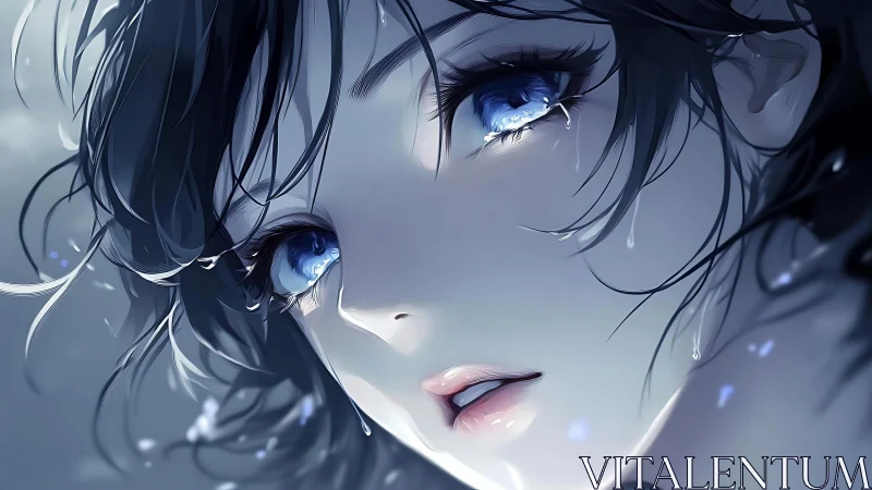 Close-up anime portrait shows wet face with glowing eyes