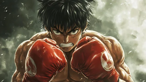 High-contrast anime boxer portrait with dynamic musculature definition and atmospheric rendering