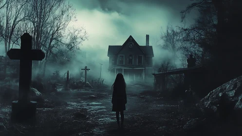Silhouetted figure on misty path before isolated house.