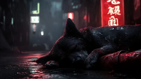 Black dog resting on wet neon street in urban night scene.