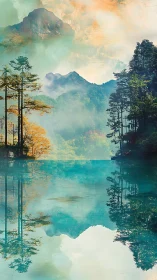 Atmospheric mountain lacustrine mirroring with chromatic haze.