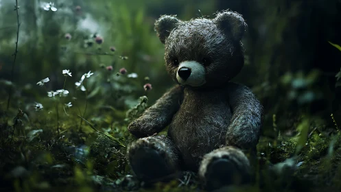 Weathered plush teddy bear rendered in moody forest light