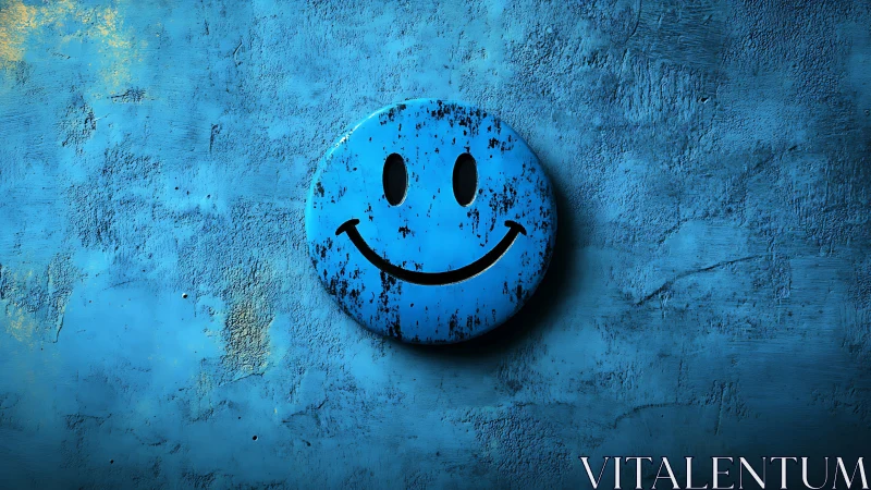 Weathered blue smiley face on textured concrete wall.