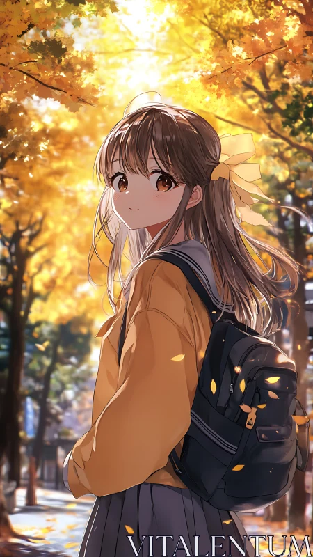 Golden autumn walk with a soft-smiling schoolgirl under leaves.