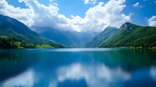Mountain lake and forested slopes reflect under cloud cover