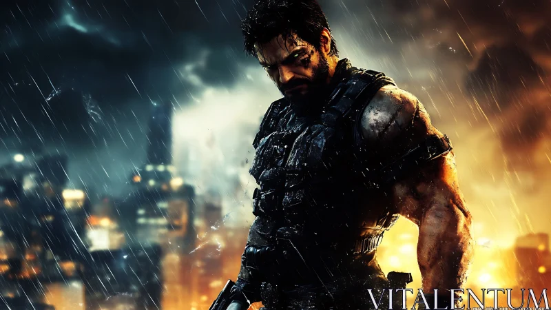 Armored soldier in rain over burning urban skyline at night.