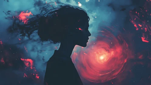 Stargazer silhouette adrift in swirling cosmic ember storm.