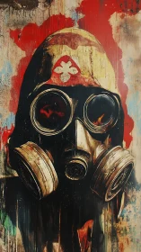 Gas mask portrait is rendered on distressed painted surface
