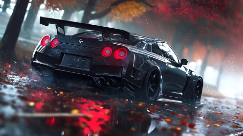 Modified black sports coupe powers through wet autumn rain