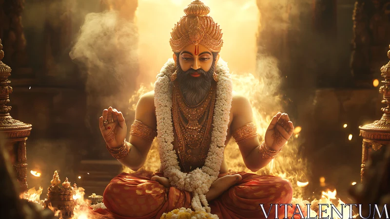 Photorealistic divine sage amid ritual fire and golden haze.