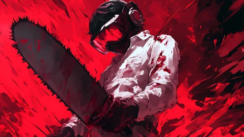 Blood-spattered chainsaw wielder dominates a kinetic red field