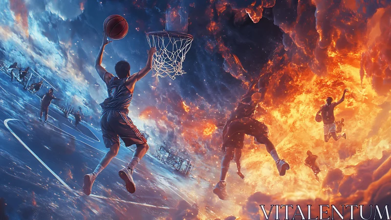 Basketball players in dual cold and fiery environments.
