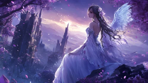 Winged figure surveys luminous ruin-scape under violet dawn light