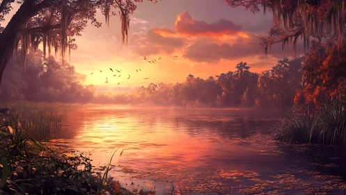 Radiant riverine sunset with volumetric light scattering glow.