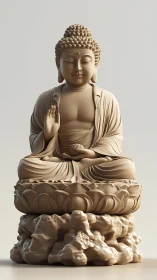 Seated Buddha sculpture on lotus pedestal in neutral light.
