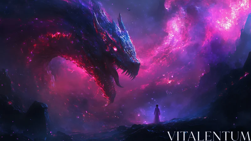 Cosmic dragon confronts lone figure in luminous nebular void